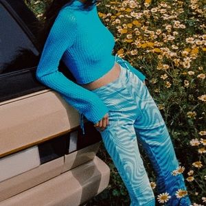 NWT Zara blue satin high waisted flare printed pants | Zara retro pants …